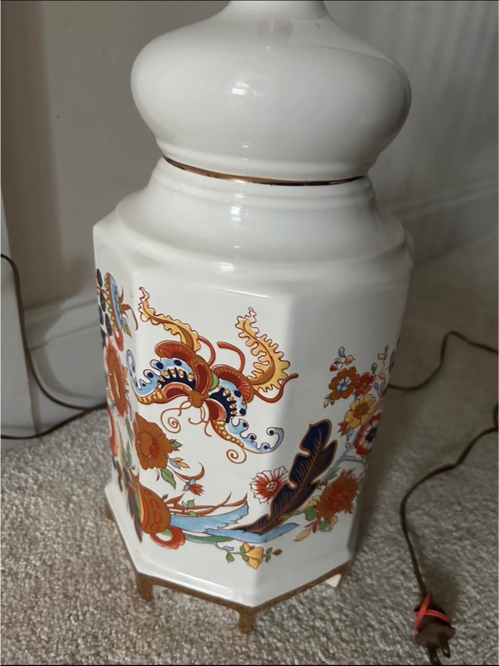 White Floral Ceramic Accent Lamp with Gold Trim
